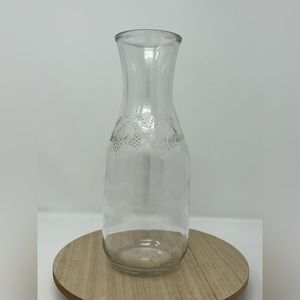 Vintage One Liter Glass Carafe Grapes Vines Farmhouse Rustic Decor